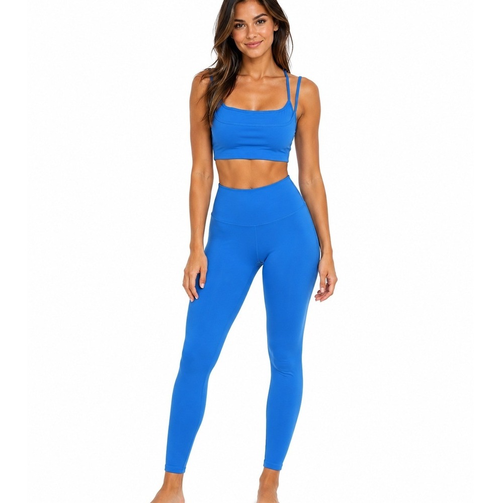 Body Blue 2-Piece Workout Set Ruched Scrunch Leggings & Halter Crop Top | Size M